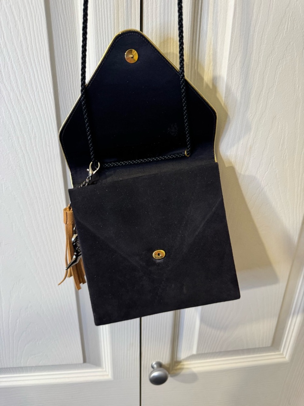 Vintage Black Suede Envelope Crossbody with Tan Tassel Charm and Boot Bag Charm - Picture 3 of 6